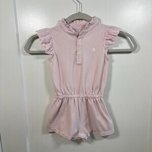 Ralph Lauren Baby Girls Romper Baby Pink Ruffles Logo Size 18 Months Button Up